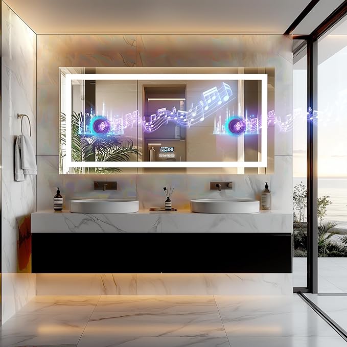 LUVODI Smart LED Bathroom Mirror: 71”x32”Large Wall Mounted Vanity Mirror with Bluetooth Speaker and Time Temperature Display - Dimmable Lighted Modern Makeup Mirror with Front&Back Lit Anti Fog