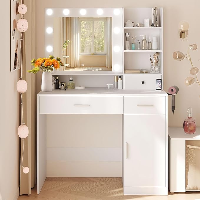 DUMOS Vanity Desk Makeup with Mirror LED Lights, White Table with Power Outlet 2 Drawer, 4 Storage Shelves Cabinet & 3 Lighting Mode Adjustable Brightness, Dressing Tables for Bedroom