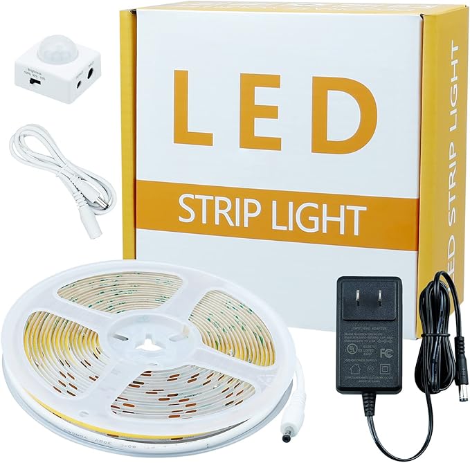 GOMING Motion Sensor COB LED Light Strip 16.4ft(5M) Natural White 4000K 3 Lighting Modes 3 Timing Off Modes 3 Brightness Modes with Power Adapter for Kitchen Cabinets Stair Showcase Bedroom Bed