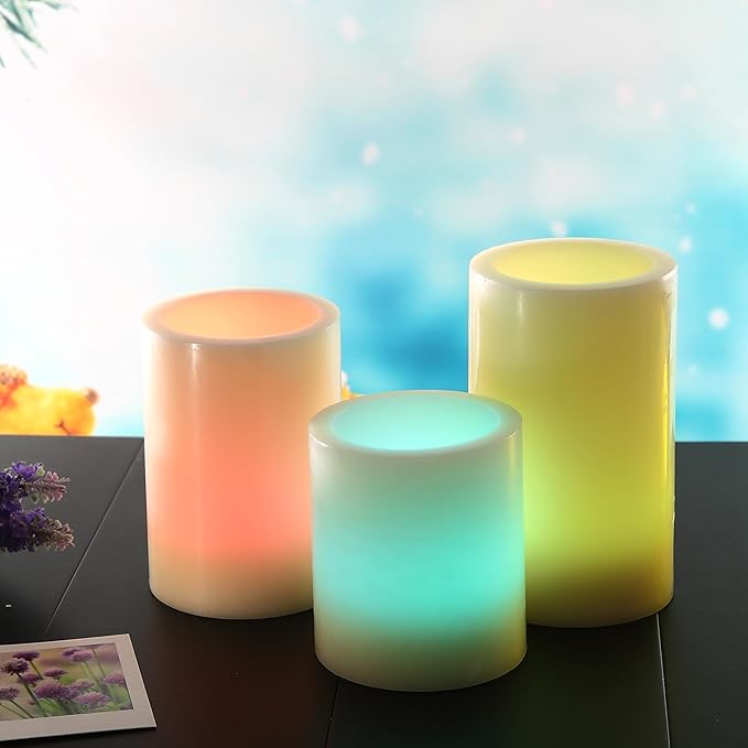 CANDLE CHOICE Battery Operated Color Changing Flameless Candles with Remote Timer Real Wax Realistic Flickering Electric Multicolor LED Pillars Lights for Home Wedding Christmas Decorations 3 Pack