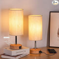 Yarra-Decor Bedside Lamps with USB Port - Touch Control Table Lamp for Bedroom Wood 3 Way Dimmable Nightstand Lamp Set of 2 with Round Flaxen Fabric Shade for Living Room, Dorm, Home Office (2 Pack)