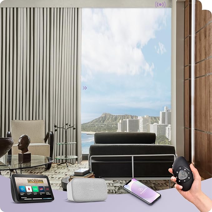 Graywind Hardwired Smart Curtains Motorized Curtains with Remote Alexa Google Control for Sliding Door Room Darkening Drapes One-Way or Split Draw, Custom Width to 220" (Champagne White)