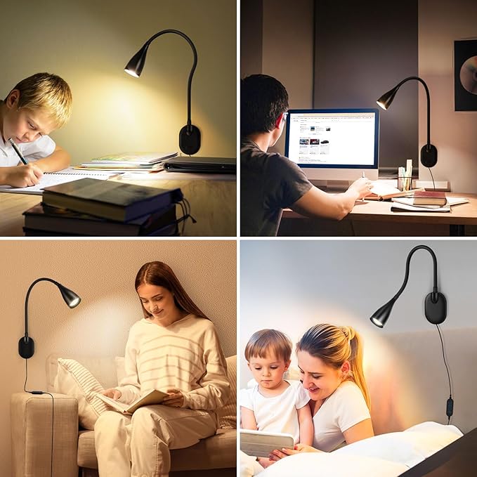 Wall-Mounted LED Bedside Reading Light with USB Charging Port, 10-Level Dimmable & Adjustable 5 Color, Plug-in Adhesive Night Lamp for Books in Bed, Eye-Caring Bedroom Lighting (Black)