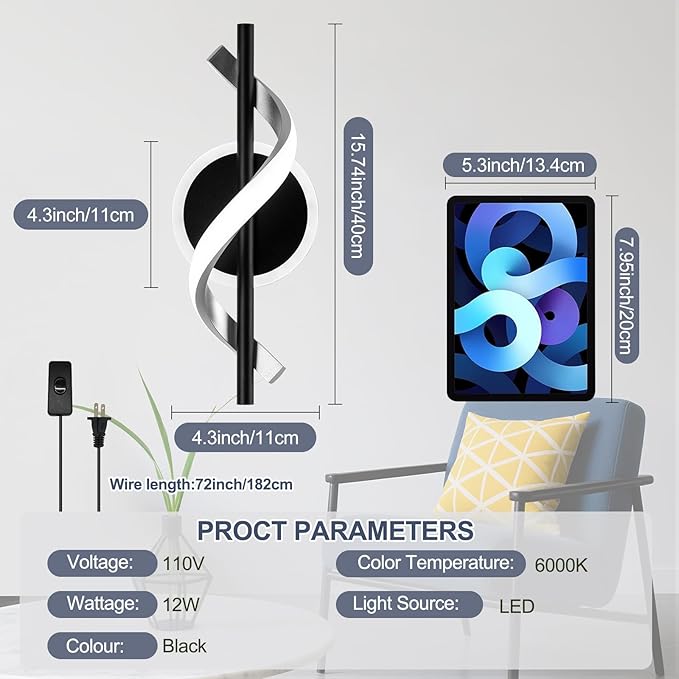 Plug in Wall Sconces Sets of 2, 12W LED Wall Mount Lights, Modern Spiral Wall Lamp, 6000K Cold Modern Light Fixture for Stairs, Living Room, Bedroom, Aisle, Hallway