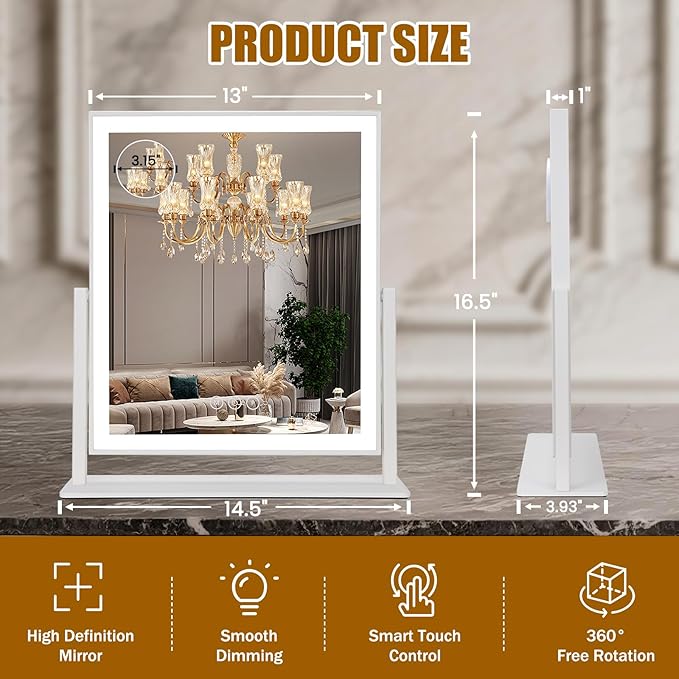 Vanity Mirror with Lights 16.5"x 14.5", LED Makeup Mirror, 3 Color Lighting Modes, 10X Magnification, Smart Touch Control, Dimmable, Aluminum Metal Frame, Lighted Up for Vanity Desk (White)