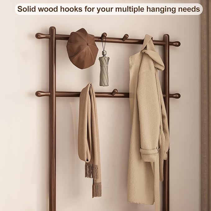 AQIMUELE Hall Tree, Coat Rack with Shoe Storage, Wooden Hall Tree with Bench, 11 Hooks and 2-Tier Storage Shelves, Entryway Bench with Coat Rack (31.5" - Deep Walnut)