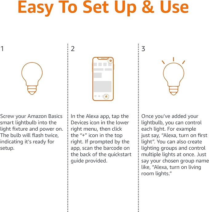 Amazon Basics Smart A19 LED Light Bulb, Dimmable Soft White (2700K), 9W (60W Equivalent), 800LM, Works with Alexa Only, Energy Efficient, 2.4 GHz Wi-Fi, No Hub Required, 1-Pack