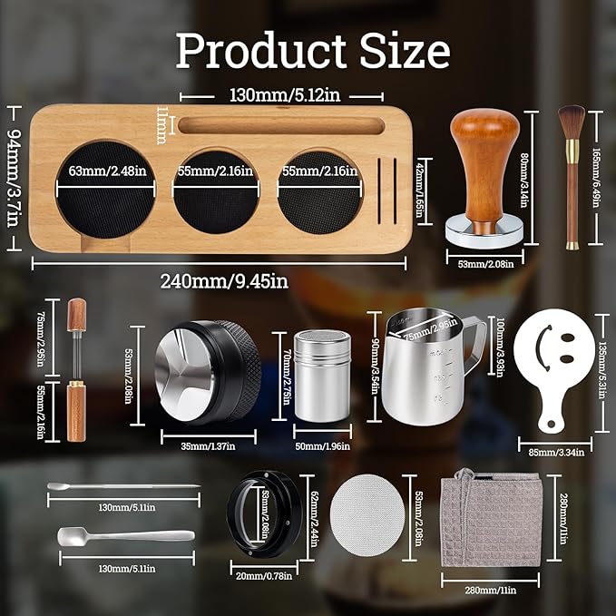 28PCS Espresso Accessories Kit,54mm Espresso Tamper Tools,Includes Wood Station,Distributor,Stirrer,Dosing Funnel,Brush,Puck Screen,Frothing Pitcher,Latte Pen,Powder Ring,Towel,Decorative Stencils