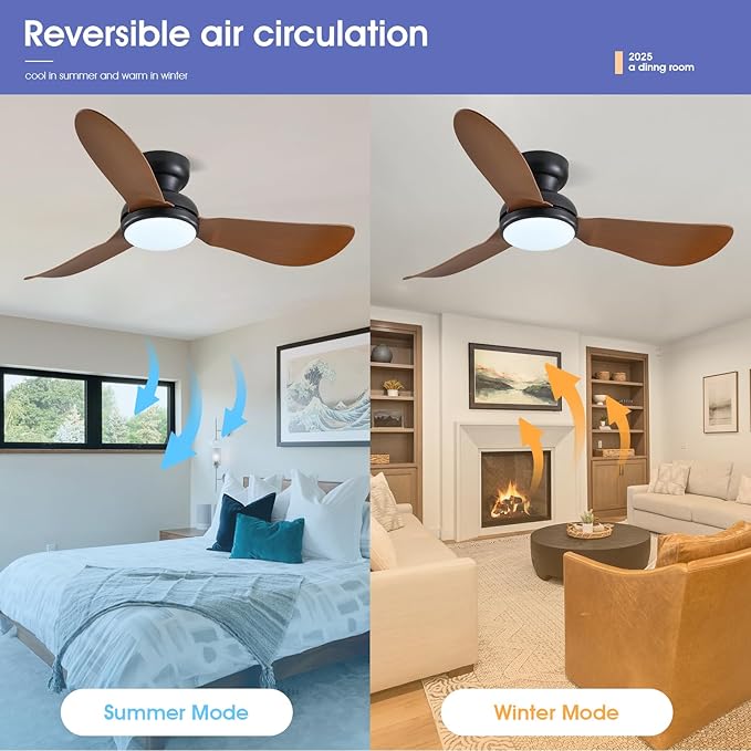 46 Inch Modern Ceiling Fans with Lights, Flush Mount Ceiling Fan, Remote/APP Control, 3 Reversible Curved Blades, 6 Speeds, 3 CCT Dimmable LED Lights for Living Room Bedroom, Brown