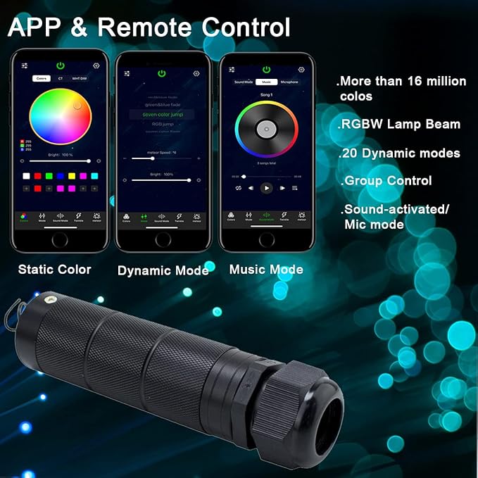 AZIMOM 6W Bluetooth/APP Control RGBW Fiber Optic Lights Star Ceiling Kit Sensor Music Mode Sensor Light Source with Remote 200pcs 0.03in 6.5ft Fiber Strands for Car & Home interior Decoration
