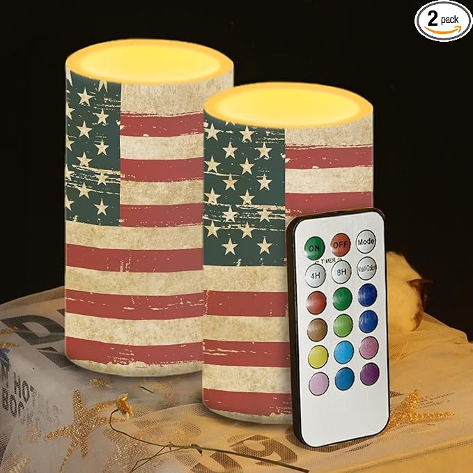 American Flag Flameless Candles 2 Pack 6 x 3 inch Battery Operated Candles with Multicolor Timer Remote Control LED Fake Candles for Warm Light Dinner Table Home Decor Gifts for Veterans