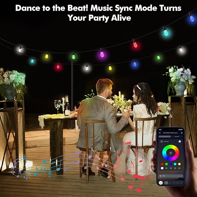 Outdoor String Lights Waterproof Patio Lights 52FT 20 RGBW Dimmable LED Bulbs, APP & Remote Control, Shatterproof Hanging Color Changing Lights for Outside Backyard Party Porch Balcony (52FT)