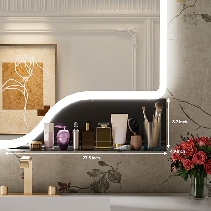 40"x 32" LED Bathroom Mirror with Shelf, Wall-Mounted Backlit Vanity Mirror with Lights, Smart Bathroom Mirror with 3 Colors, Anti-Fog, Stepless Dimmable, Memory (ETL)