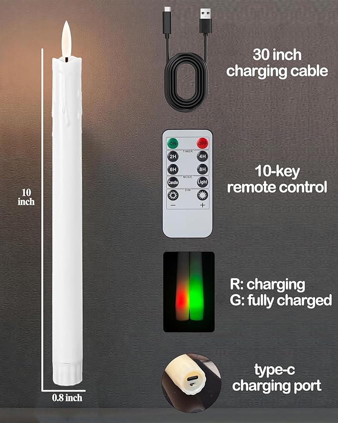 9.6" Rechargeable Flameless Taper Candles with Remote, Timer, Dimmer, White LED CandleSticks, 6 Pack Long Candles Battery Operated for Window, Table, and Mantel Decor