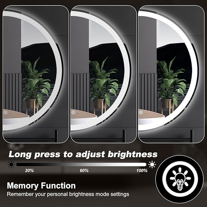 Sweetcrispy 36 Inch Round LED Bathroom Mirror with Lights, Circle Vanity Mirror with Anti-Fog, Dimmable, 3-Color Light, Memory Function, Tempered Glass