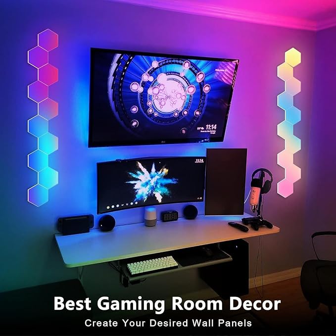 Hexagon LED Lights 6 Pack, Smart RGB Wall Decor with APP/Voice Control, Music Sync, DIY Modular Honeycomb Lights for Gaming Room, Bedroom, Home Theater Wall Decor