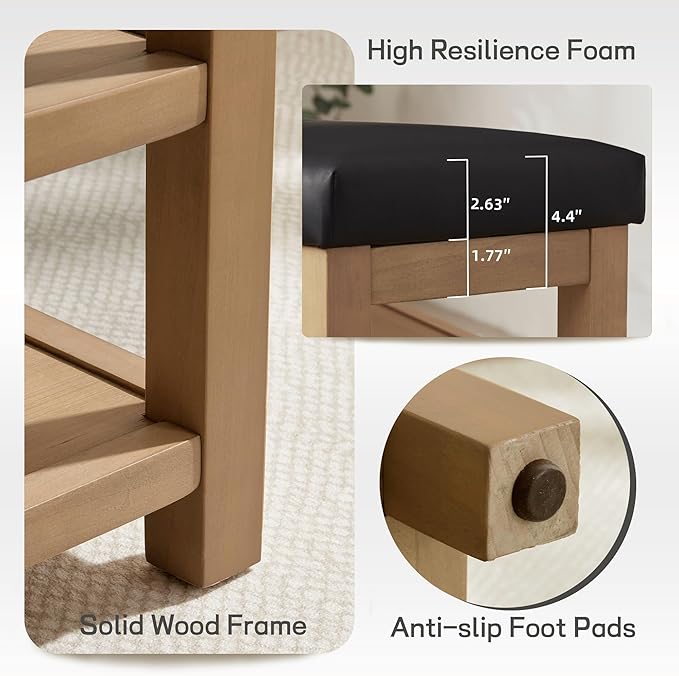 Shoe Rack Bench with Leather Cushion, 2 Tier Solid Wood Storage Bench, Mid-Century Modern Shoe Bench for Entryway, Hallway, Closet, Front Door Entrance, Foyer (Black, 31.5)