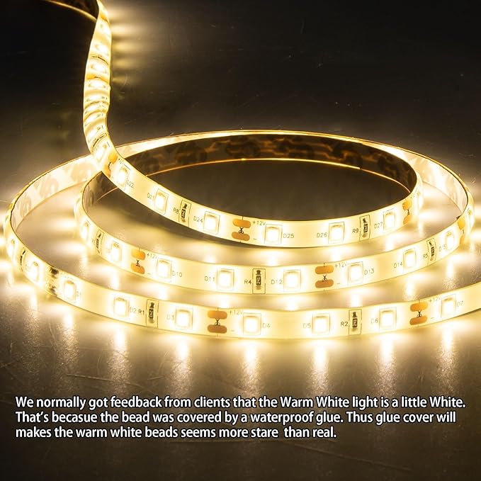 50ft Warm White Led Strip Lights, 12V Waterproof Flexible Led Light Strip, Cuttable Dimmable led Rope Tape Light Indoor for Bathroom, Fish Tank, Bedroom, Kitchen