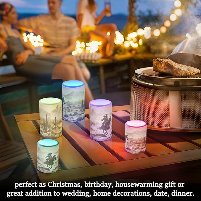 YETTASBIN Western Desert Cowboy Flameless Candles with Remote Control and Timer, Adjustable Brightness Long Lasting Battery Operated LED Pillar Candles for Indoor Outdoor Party Home Decor, 2 Pack