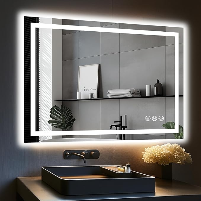 LED Bathroom Mirror, 48"x32" with Frontlit and Backlit Anti-Fog Mirror with Lights LED Vanity Mirror for Bathroom 3 Colors Temperature & Dimmable Bathroom Mirror with HD Tempered Glass