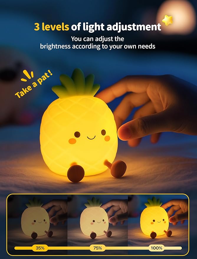 Pineapple Night Light for Kids, Nursery Night Light, Bedside Touch Lamp, Cute Silicone Nightlight for Baby Toddler, 3 Level Dimmable,Christmas Gifts for Baby,Adults,Toddler Girl Room Decor