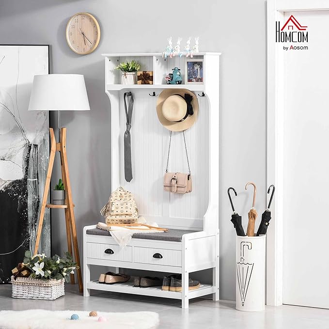 HOMCOM 3-in-1 Hall Tree, Entryway Bench with Coat Rack, Mudroom Bench with Shoe Rack, 2 Storage Drawers, 4 Hooks and Padded Seat Cushions for Hallway, White
