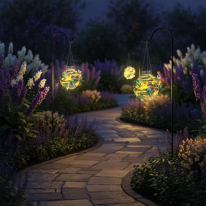 2 Pack Hummingbird Solar Lights Outdoor Hanging Lantern with Handle, Solar Powered Hummingbird Garden Decor for Outside Patio Yard Porch Pathway Hummingbird Gifts for Women (Warm White LED Lights)