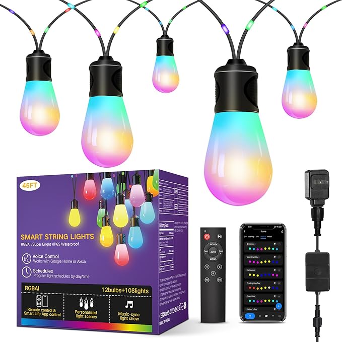OUTON Outdoor String Lights, 46FT Smart AI RGB Patio Lights with Individual Bulb Control, APP Remote Voice Control, Works with Alexa and Google Assistant, IP65 Waterproof, Dimmable for Backyard Party
