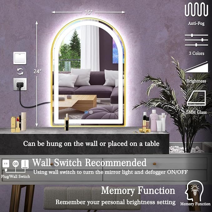 16 x 24 Inch Gold Arch LED Mirror for Bathroom Wall Makeup Desk Table Gold Arched Vanity Mirror with Lights AntiFog Smart Memory 3 Color Dimmable 24 Golden Frame Arched Lighted Vanity Mirrors