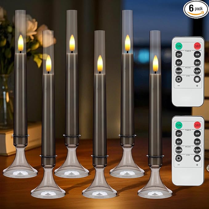 Flameless Taper Candles with Remote and Timer, Battery Operated Window Candles, 6 Pack LED Acrylic Candlesticks with Holders for Home Decor, Christmas Window Decor