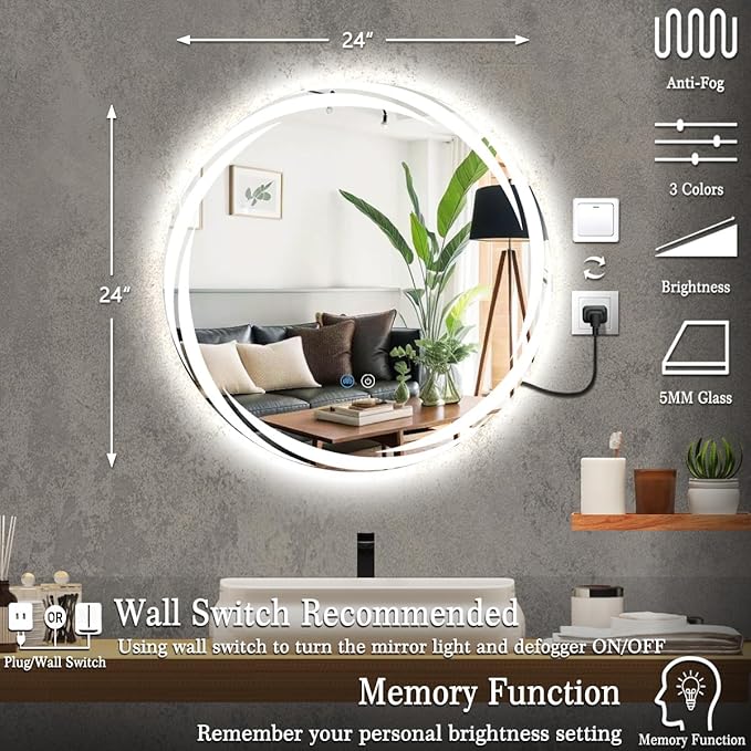 24 Inch Unique Swivel Round Lighted Mirror for Bathroom Hotel Wall LED Round Vanity Mirror with Lights Smart Memory 3 Color Dimmable AntiFog 24" Frameless Backlit Rounds Circle Lighted Mirrors