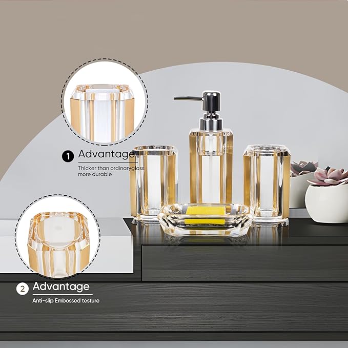4-Piece Gold Bathroom Accessories Set — Soap Dispenser, Soap Dish, Mouthwash Cup & Toothbrush Holder, Acrylic with Brushed Gold Accent, Luxury Bathroom Vanity Countertop Organizer for Home