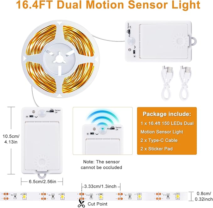 OMIKA Dual Sensor Stair Lights Indoor, Rechargeable 16.4ft LED Strip Light, 150 LEDs Double Motion Activated Under Bed Night Lights for Shelves, Stairway, Closet, Corridor, Bedroom, 4000K Nature White