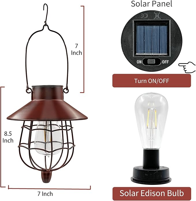 2 Pack Solar Lantern Outdoor Waterproof, Solar Lights Outdoor with Vintage Metal Warm White Edison Bulb Design, Hanging Lanterns Decorate for Garden Yard and Porch (Red)