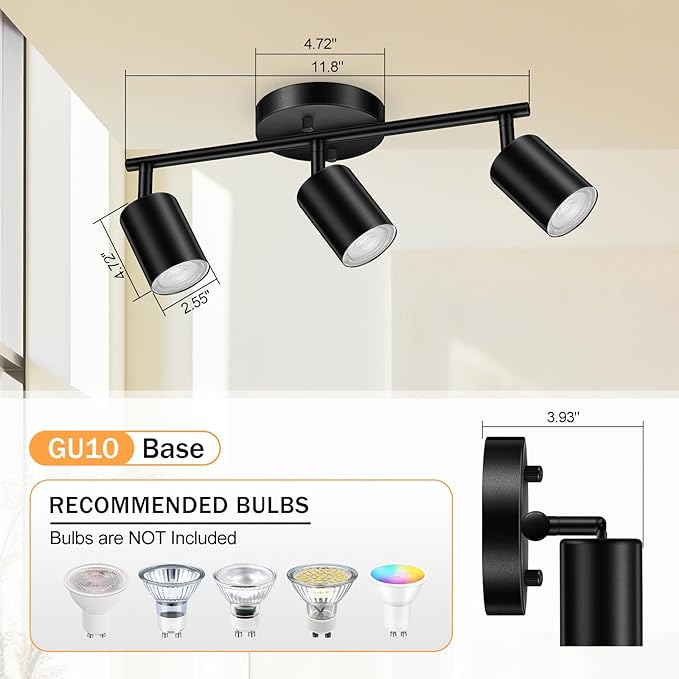 BoostArea LED 3 Light Track Lighting Kit, Black 3 Way Ceiling Spot Lighting, Flexibly Rotatable Light Head for Kitchen, Living Room, Bedroom, GU10 Bulb Not Included