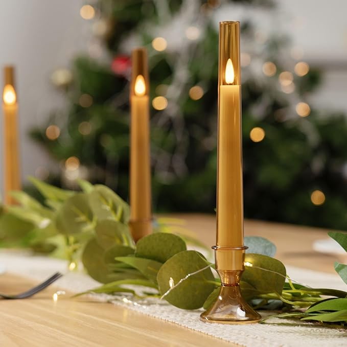 Homemory 6 Pcs Flameless Taper LED Candles with Remote and Timer, 3D Wick Flickering, Window Candles with 2 Light Modes, Battery Operated for Xmas Wedding Decor, 9.6 Inch, Gold