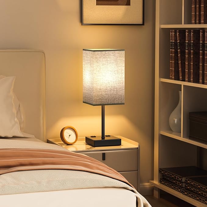 PLUS Black Bedside Lamp for Nightstand - Touch Table Lamp With Type C + A and AC Outlet, Square Charging Lamps For Bedroom Decor, Small Night Light For Office, Dorm Lamp For Men, E26 Bulb Included