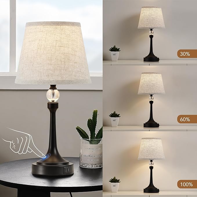 19.7'' Touch Table Lamps for Living Room, Small Lamp for Bedroom with USB C+A Ports, Dimmable Touch Lamps Set of 2, Reading Desk Lamp for Office, Metal Bedside Lamps, Bulbs Included, Black