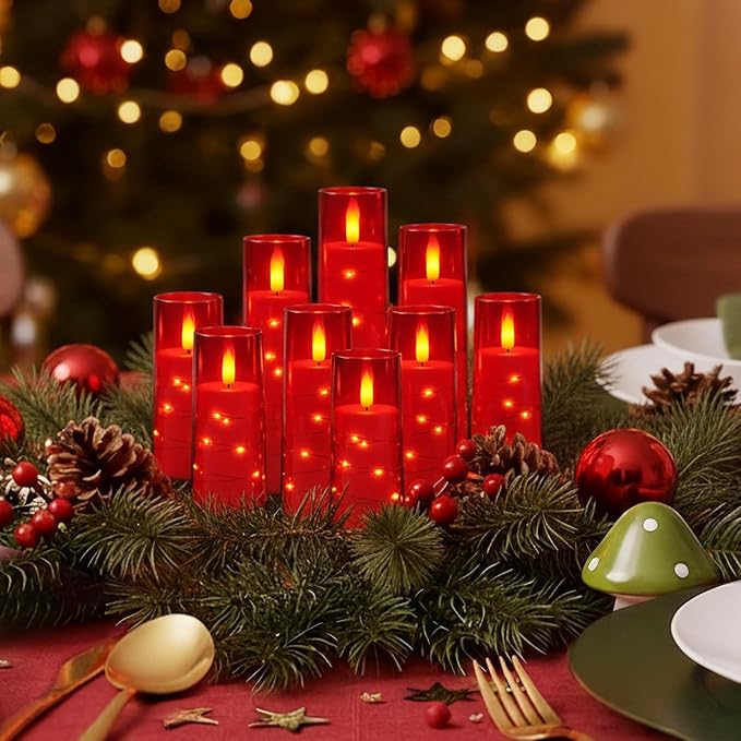 Raycare Flameless Candle with Remote Timer – 9 Flickering Acrylic Battery Operated LED Pillar Candles with Embedded Star String for Valentine's Day, Home Decor, and as a Gift (Red)