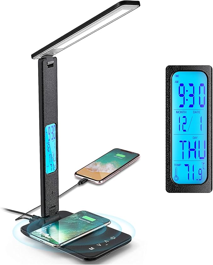 Desk Lamp with USB Charging Port,Wireless Charger LED Desk Lamp,Adjustable Foldable Table Lamp with Clock, Alarm, Date,5 Levels Dimmable Lighting,Home Office Lamp for Studying, Reading,Working (Black)