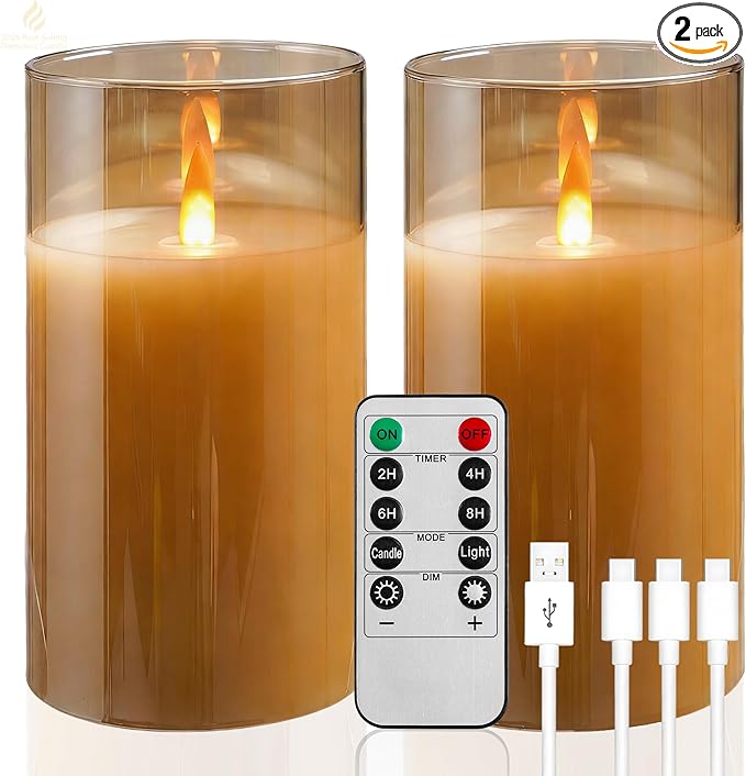 2 - Pack 6" Golden Rechargeable Flameless Pillar Candles with Remote & Timers，USB-Rechargeable Realistic Flickering Candles Real Wax - Ideal for Wedding & Festival Home Decoration