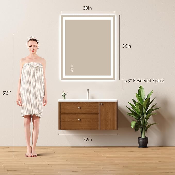 30x36 LED Bathroom Mirror with Lights - Dimmable, Anti-Fog, 3 Color Backlit & Front Lit Mirror for Bathroom, Shatter-Proof Tempered Glass, Easy Installation