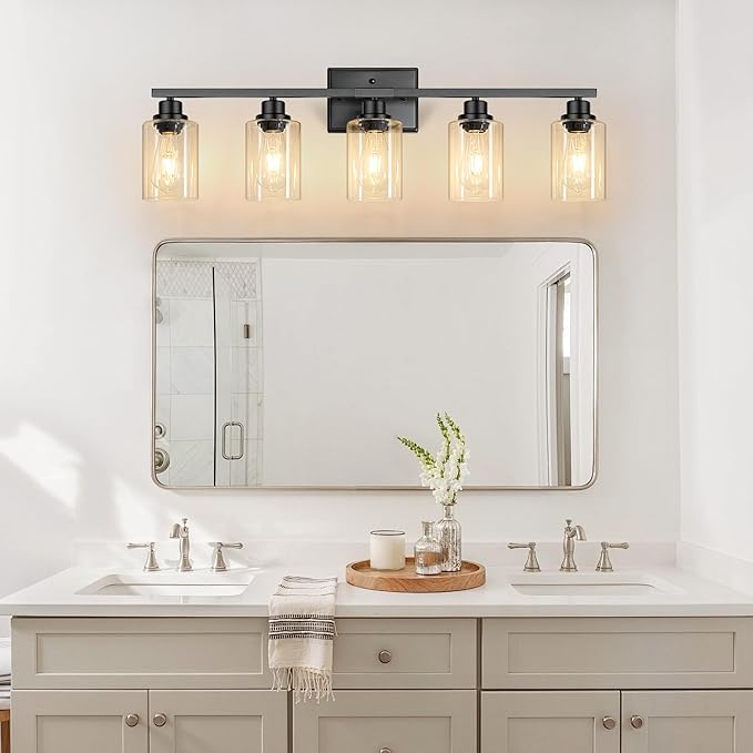 Ascher 5-Light Bathroom Light Fixtures, 33 Inch Vanity Lights with Clear Glass Shade, Modern Black Finish Wall Light for Mirror Bedroom Hallway Cabinet Porch