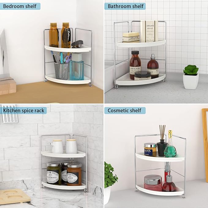 2-Tier Corner Bathroom Sink Countertop Organizer-Vanity Tray Cosmetic & Makeup Storage-Kitchen Spice Rack Standing Shelf,Perfect Storage Shelf for Bathroom,Bedroom,Kitchen,Vanity,Silver