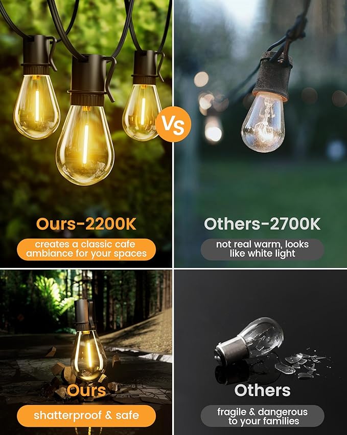 Torkase Solar Powered 150FT Outdoor String Lights 35+2 LED Bulbs Waterproof Shatterproof Remote Control Dimmable Extra Long Hanging Lights for Large Yard Deck Market Cafe Event Lighting