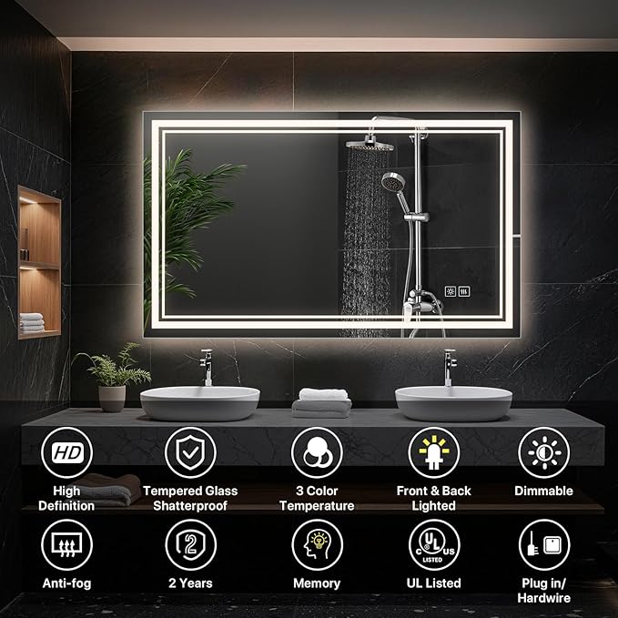 60x36 Inch LED Bathroom Mirror, Anti-Fog Dimmable Vanity Mirror with Lights, 3 Color Memory Function, UL Listed Backlit Mirror for Over Sink