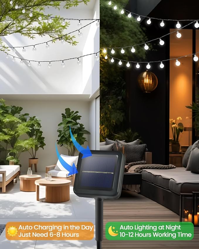 LORRYTE White 2-Pack 100 LED 64FT Crystal Globe Solar Lights Outdoor, Waterproof Solar String Lights Outdoor Decorative with 8 Lighting Modes for Patio Decorations Garden Wedding Party Tree Porch