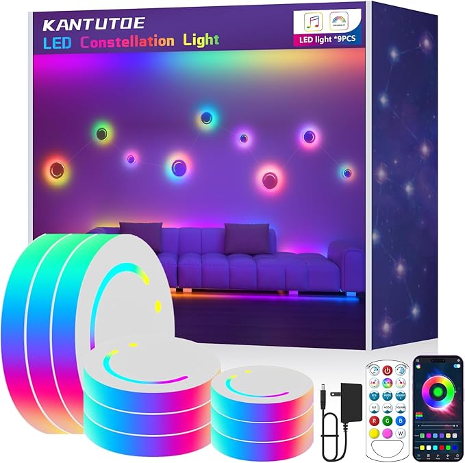 Smart LED Wall Lights, 9-Piece RGB LED Light with App & Remote Control, TV Backlights, Music Sync, Color-Changing, Ambient Lighting for Gaming, Bedroom, Living Room and Home Decor