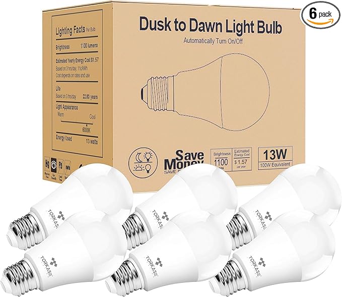 Torkase Outdoor Dusk to Dawn Light Bulbs, Smart Sensor LED Lighting Bulb 13W(100W Equivalent), E26 6000K,6 Pack Built-in Photocell Detector, Automatic On/Off,for Porch Hallway Garage Boundary
