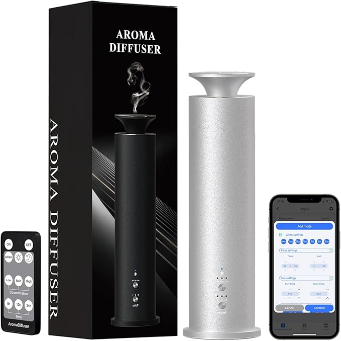 Waterless Diffuser Machine Scent Air Machine Covers 1800 Sq Ft for Home Diffusers Essential Oil Diffusers Studio Scent Diffuser Large Room Fragrance App Remote Control Capacity 3.5 Oz Ancient Silver